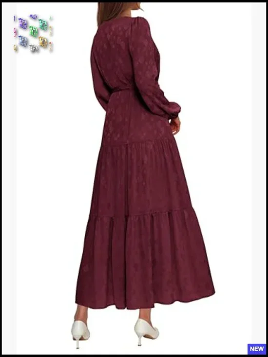 Long Sleeve Wrap V Neck Floral Maxi Dress Boho Chiffon Flowy Tie Waist - Picture 5 of 7